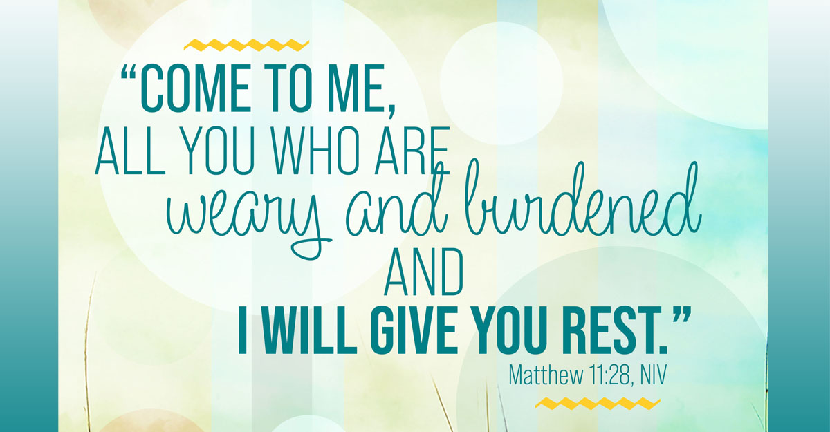 shades of mint green abstract background with Matthew 11:28 written across it