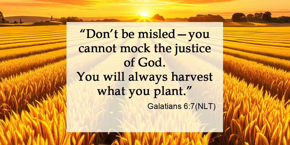 Background of a golden wheat field with the words of Galatians 6:7 written across it.