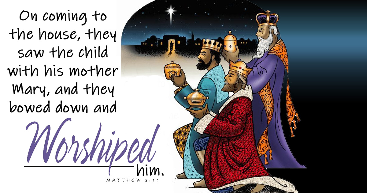 Three Kings presenting gifts to baby Jesus with words of Matthew 2:11