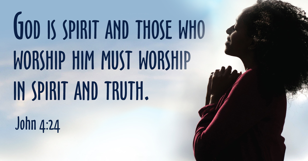 Blue clouds Background with a beautiful woman in quiet reflection with the words of John 4:24