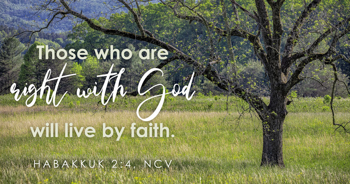 A tree in a beautiful green field with Habakkuk 2:4 written across it.