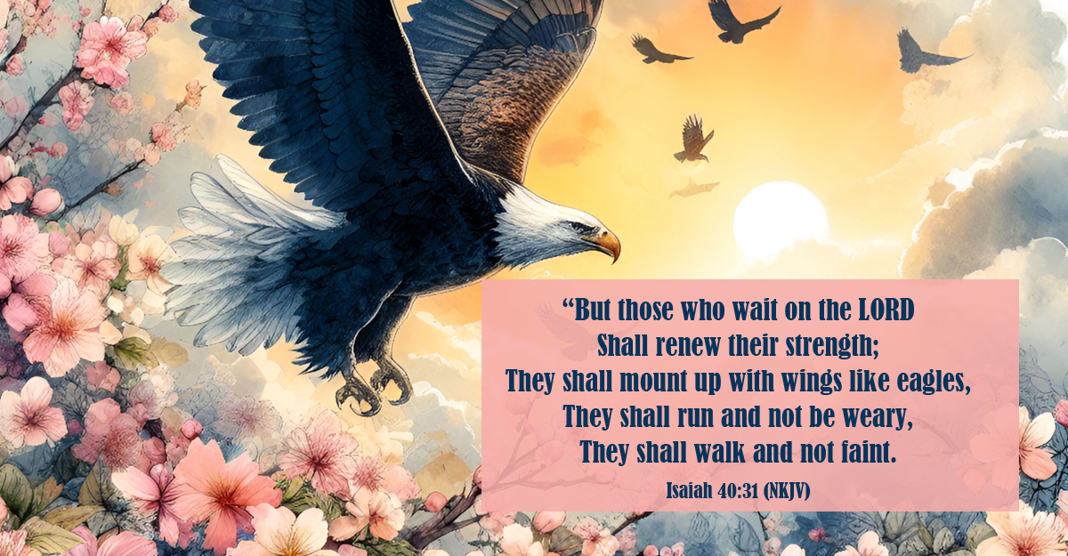background of eagle flying through pink oriental blossoms with the word of Isaiah 40:31 in the foreground.