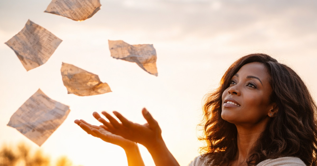 An African American woman lets go of crumpled pages into the wind, her face calm and uplifted as she releases what no longer serves her.