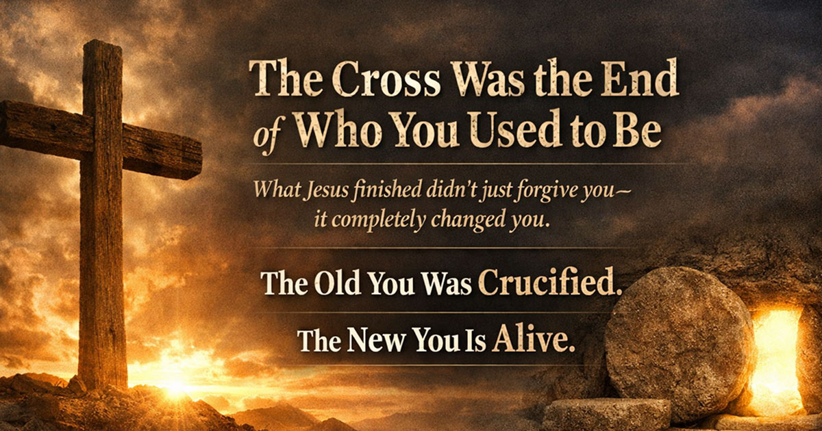 A wooden cross silhouetted against a glowing sunset on one side and an empty tomb illuminated with light on the other, symbolizing the sacrifice and resurrection of Jesus Christ, with text about transformation and new life.