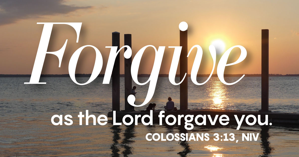 A dock in front of a beautiful calming sunset background. The words of Colossians 3:13 written in the foreground.