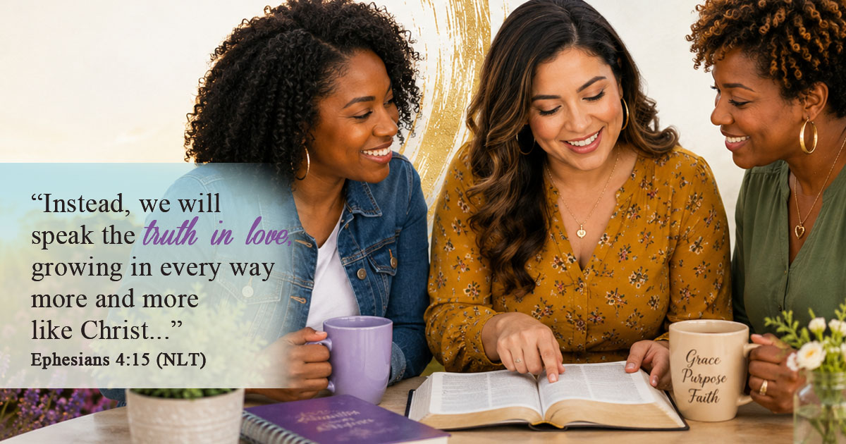 Christian women studying the Bible together, encouraging one another through faith, truth, grace, and fellowship, inspired by Ephesians 4:15 and growing together in Christ.