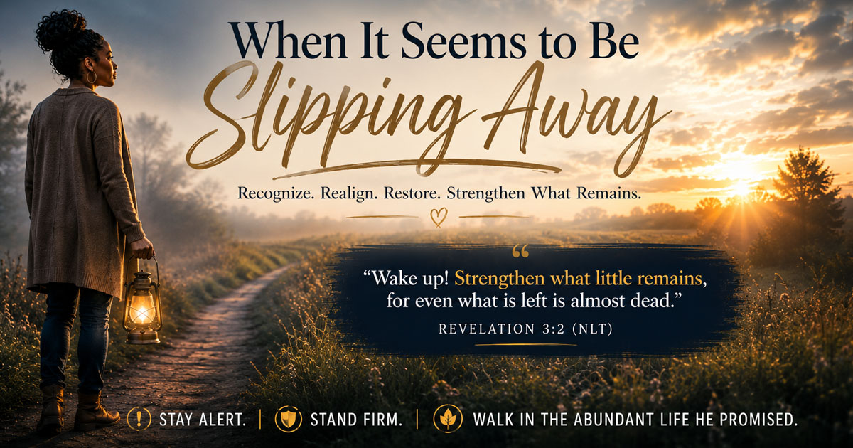 African American woman holding a lantern while standing on a misty path at sunrise, symbolizing spiritual awareness, renewal, and strengthening what remains through faith in Jesus Christ. The image features the title "When It Seems to Be Slipping Away" and a quote from Revelation 3:2 about strengthening what remains.