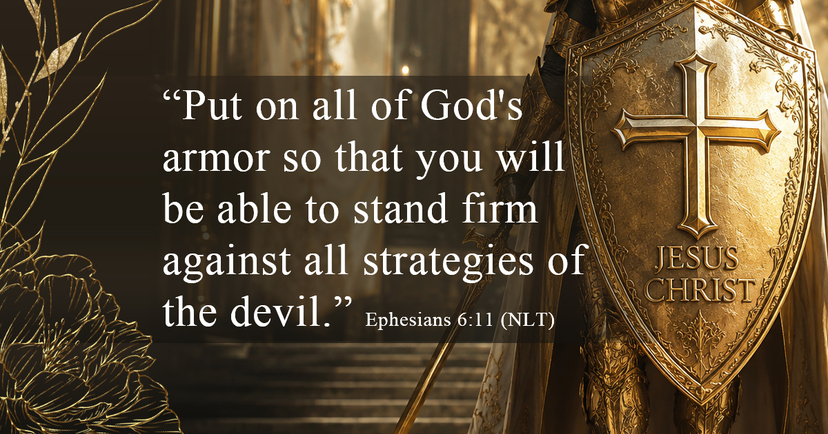 Symbolic armor of God image featuring a gold shield with a cross and the name of Jesus Christ. Words of Ephesians 6:11 written in the foreground.