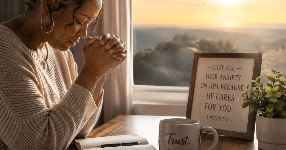 Woman praying and surrendering her burdens to Jesus Christ while trusting God with an uncertain situation.