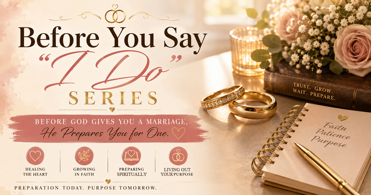 Elegant banner for the "Before You Say 'I Do'" series featuring two gold wedding rings on a softly lit table beside a Bible, journal, flowers, and candle, symbolizing God's preparation of the heart before marriage.