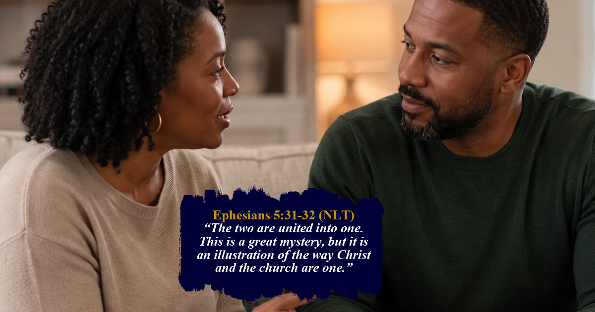 African American married couple having a calm, meaningful conversation in their living room, representing biblical marriage, understanding, communication, and Christ-centered love.