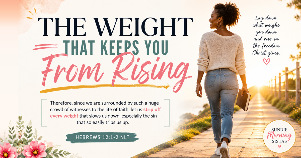 A woman holding a Bible looks toward a bright sunrise as stones labeled fear, pride, unforgiveness, self-reliance, old hurts, and the need for approval symbolize the spiritual weights believers lay aside to follow Jesus Christ.
