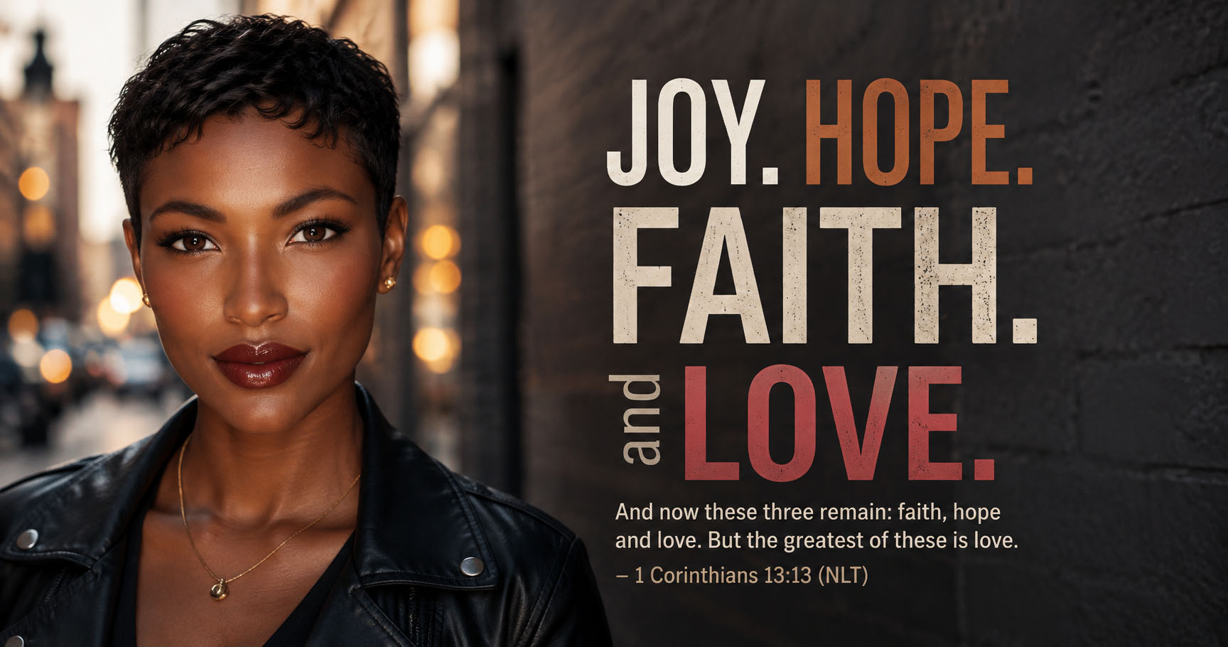Young African American woman standing confidently in a modern urban setting beside the words Joy, Hope, Faith, and Love