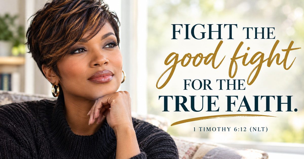 Woman reflecting quietly beside a window with the words “Fight the good fight for the true faith,” based on 1 Timothy 6:12.