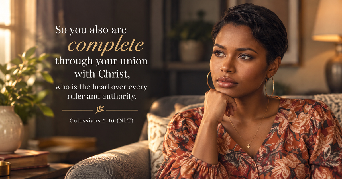 Woman sitting thoughtfully in a warmly lit room beside Colossians 2:10 NLT, emphasizing that believers are complete through their union with Christ.