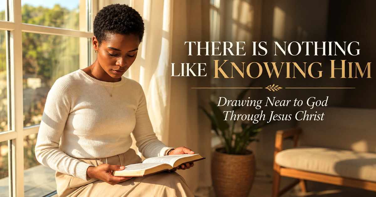Christian woman quietly reading her Bible beside a sunlit window, illustrating intimacy with God and drawing near to Him through Jesus Christ.