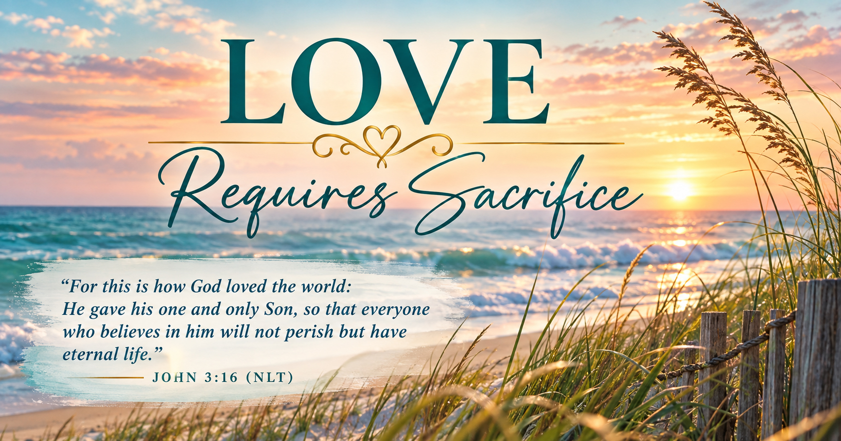 Sunrise over the ocean with the words “Love Requires Sacrifice” and John 3:16 (NLT), illustrating the sacrificial love of God through Jesus Christ.