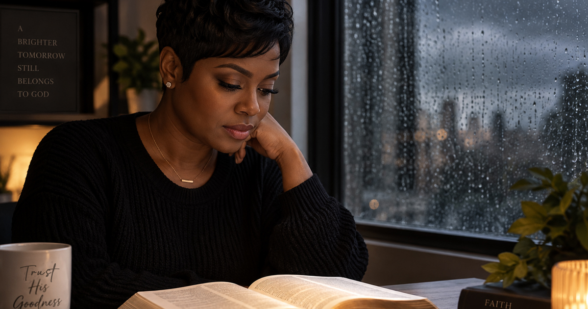 Beautiful Black woman with a modern pixie hairstyle thoughtfully reading her Bible beside a rain-covered window, illustrating faith in God’s Word during difficult circumstances.